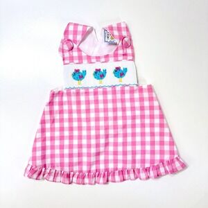 Three Sisters Smocked Bird Pinafore Apron Dress Pink Gingham Check Ruffle 18M